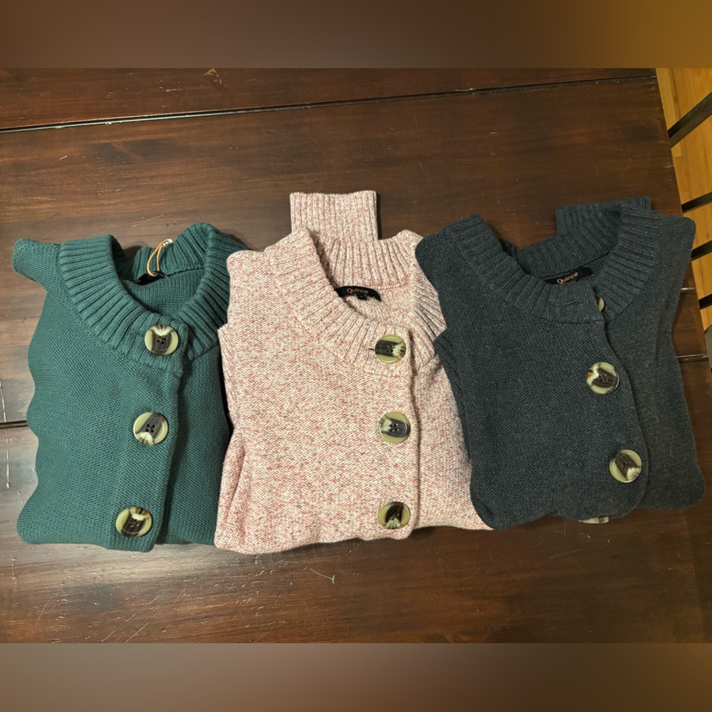 Quince Women's Cardigans in Green, Pink, and dark gray